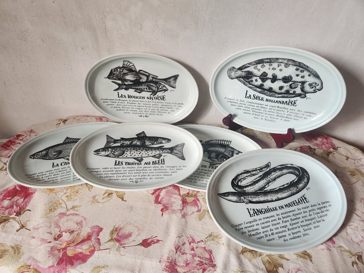Platos franceses vintage para pescado GIEN con recetas, juego de 6 de la década de 1970