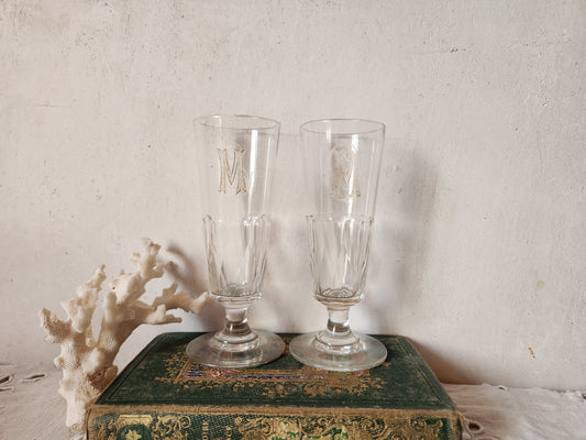 Antique French Champagne Glass Clear Monogrammed CM or MC Faceted Base