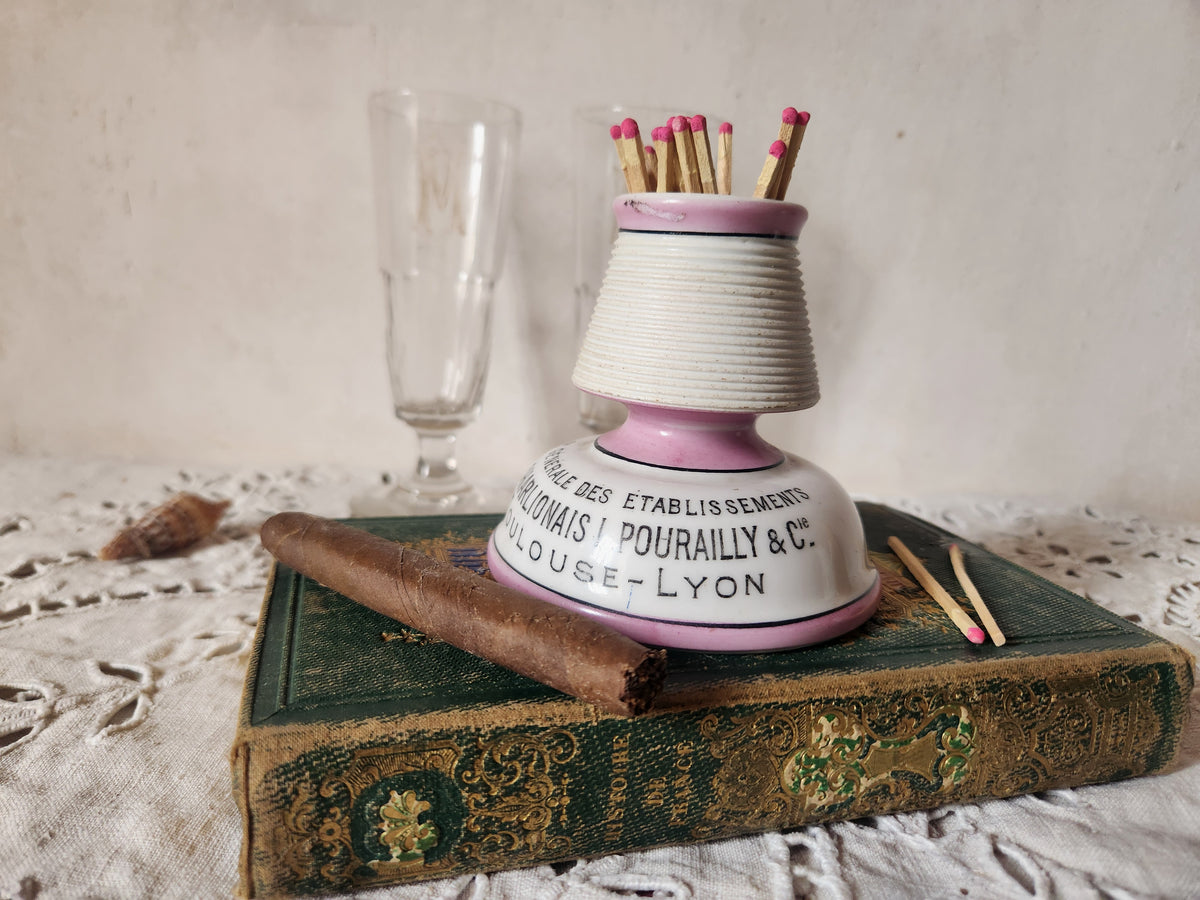 Antique French Bistro Porcelain Pyrogene Match Striker Pot Toulouse Charlionais Pourailly.
