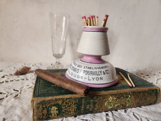 Antique French Bistro Porcelain Pyrogene Match Striker Pot Toulouse Charlionais Pourailly.