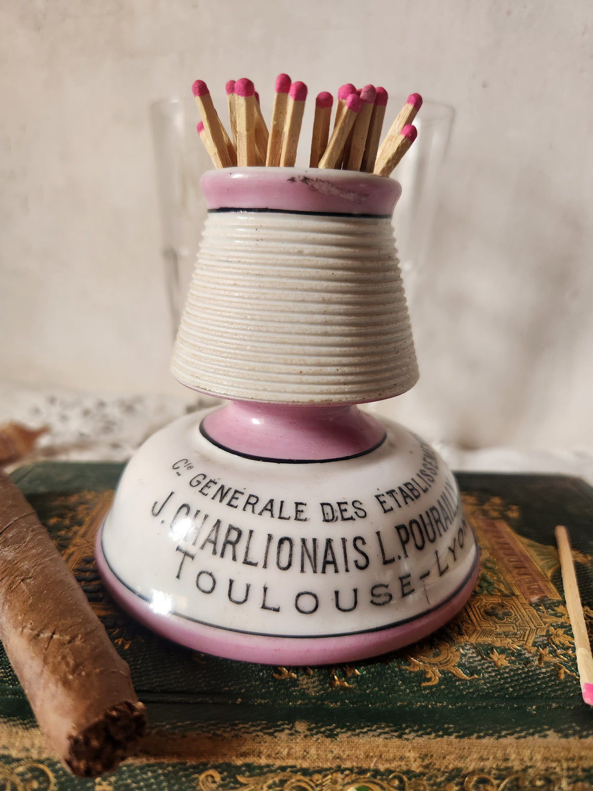 Antique French Bistro Porcelain Pyrogene Match Striker Pot Toulouse Charlionais Pourailly.