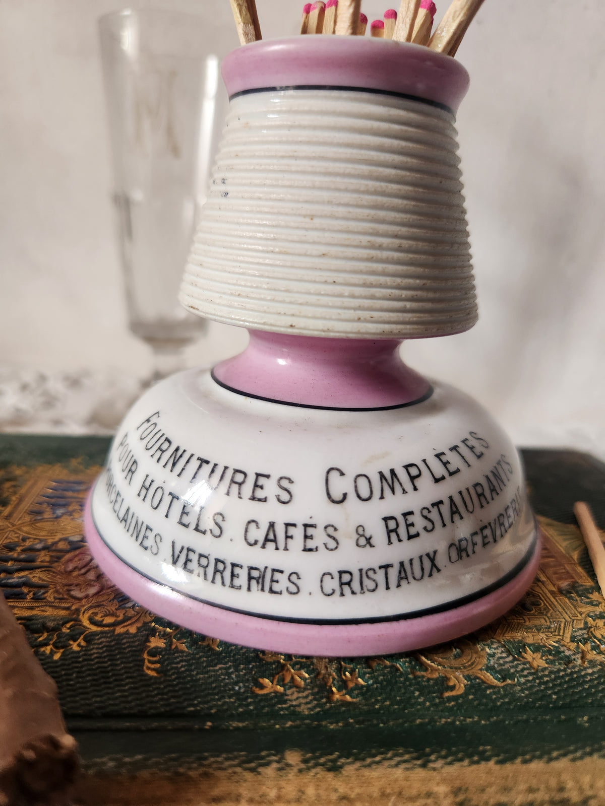 Antique French Bistro Porcelain Pyrogene Match Striker Pot Toulouse Charlionais Pourailly.