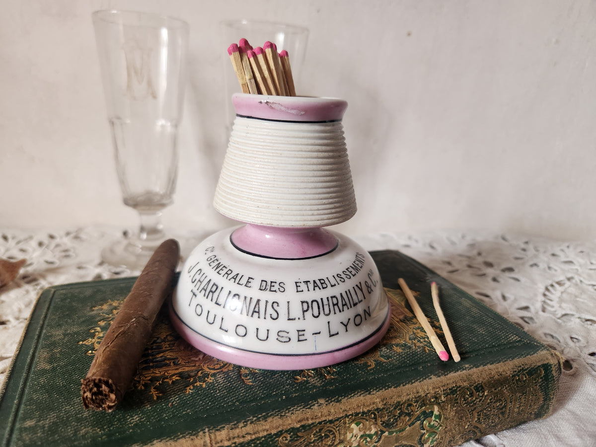 Antique French Bistro Porcelain Pyrogene Match Striker Pot Toulouse Charlionais Pourailly.