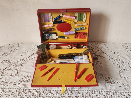 Mid-Century French Red Sewing Box Treasure Trove