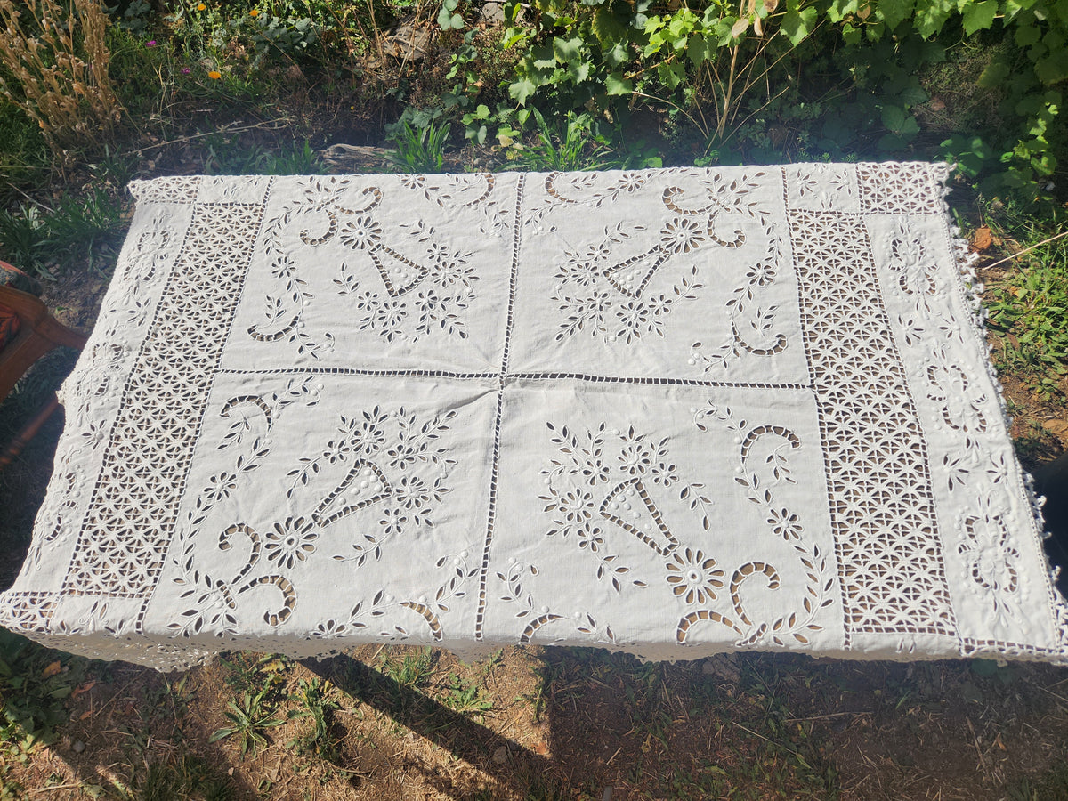 Antique French Cutwork Embroidered Cotton Square Tablecloth 140x140cm