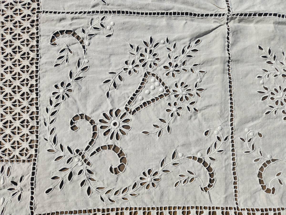 Antique French Cutwork Embroidered Cotton Square Tablecloth 140x140cm