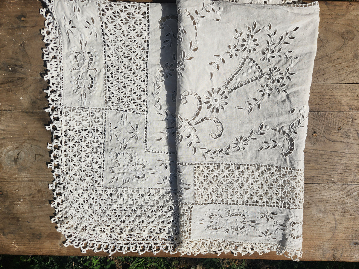 Antique French Cutwork Embroidered Cotton Square Tablecloth 140x140cm
