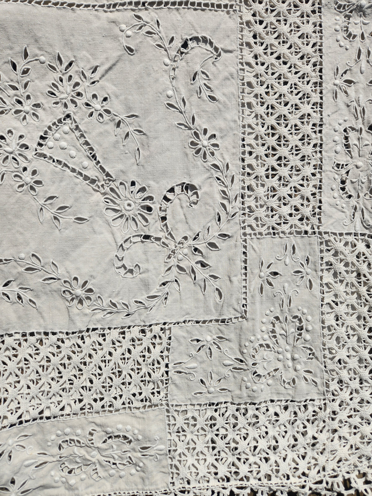 Antique French Cutwork Embroidered Cotton Square Tablecloth 140x140cm