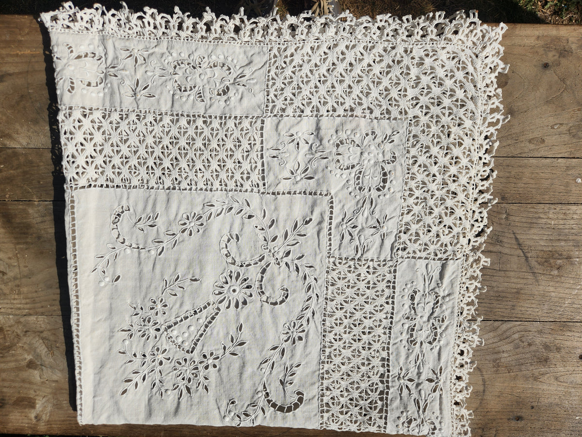 Antique French Cutwork Embroidered Cotton Square Tablecloth 140x140cm