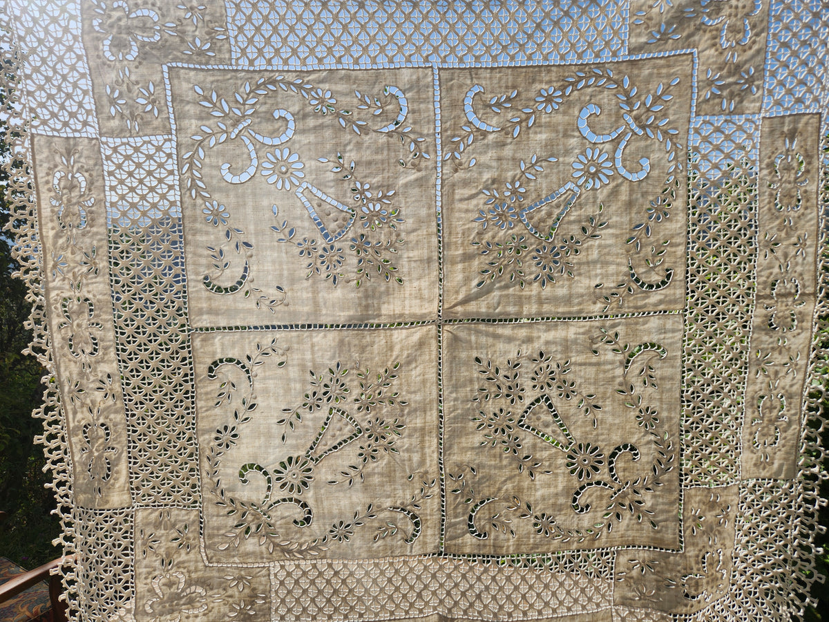 Antique French Cutwork Embroidered Cotton Square Tablecloth 140x140cm