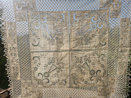 Antique French Cutwork Embroidered Cotton Square Tablecloth 140x140cm