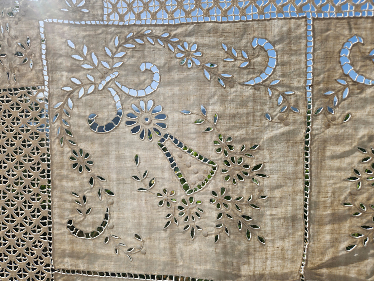 Antique French Cutwork Embroidered Cotton Square Tablecloth 140x140cm