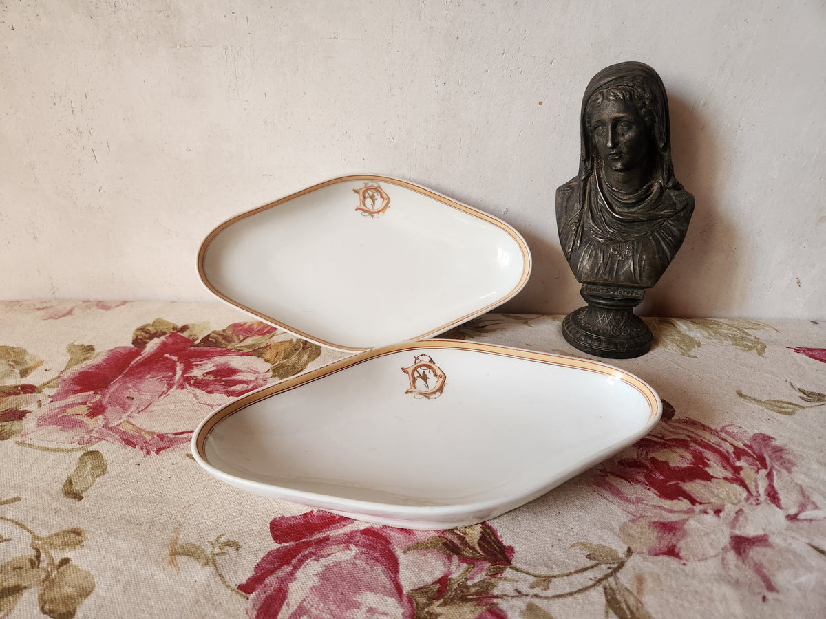 Antique French Porcelain Ravier Dish Monogrammed 'DL' by Cie Generale Toulouse
