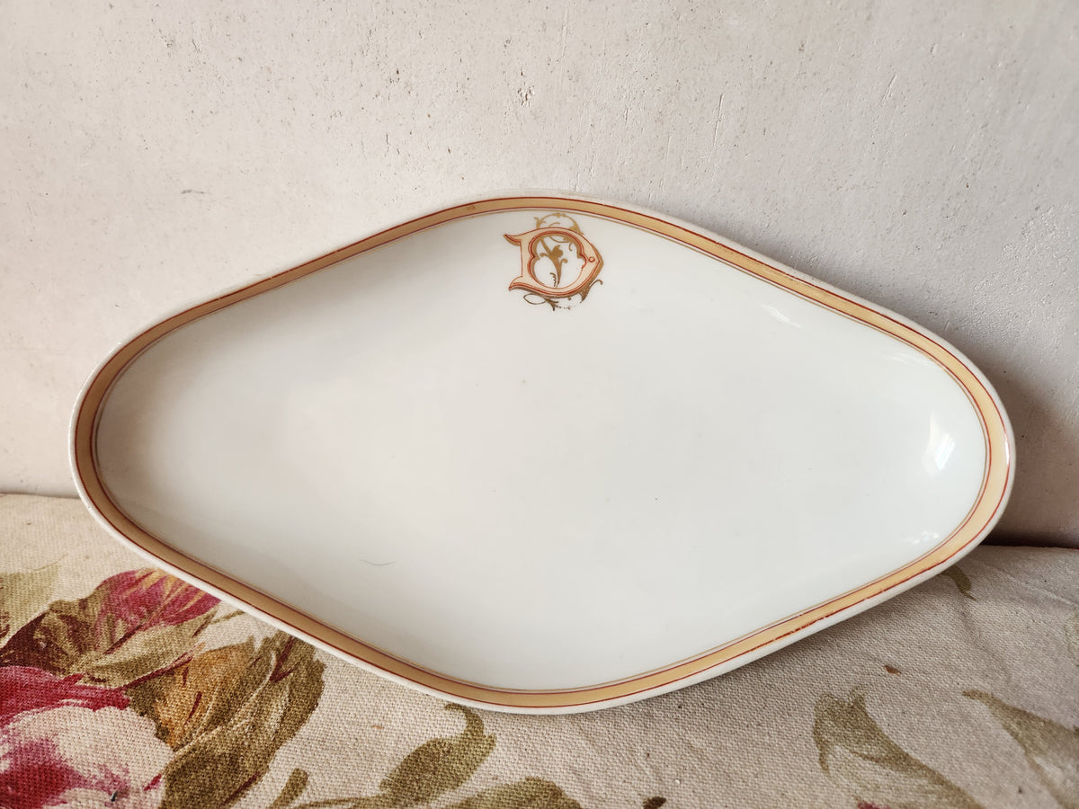 Antique French Porcelain Ravier Dish Monogrammed 'DL' by Cie Generale Toulouse