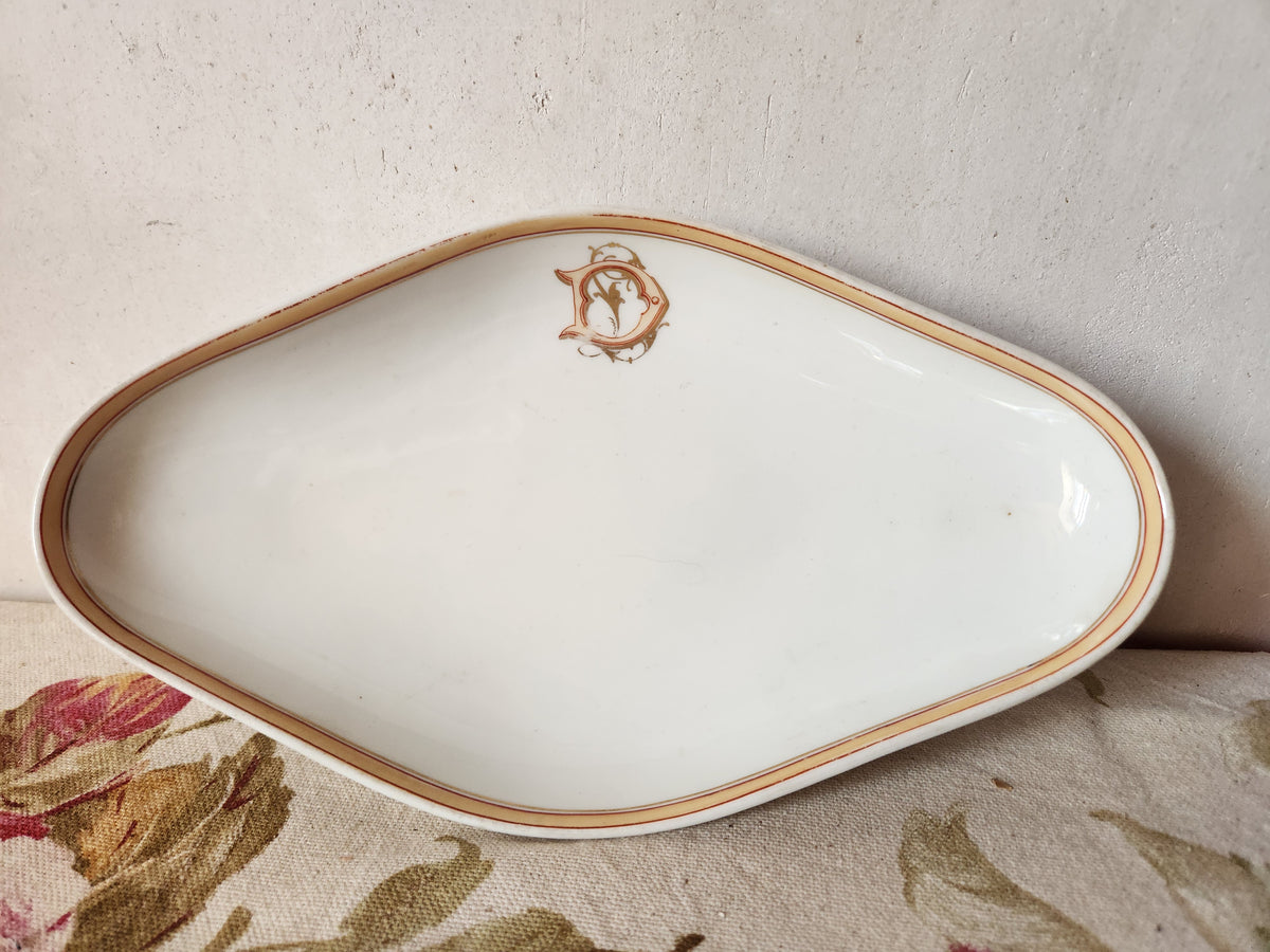 Antique French Porcelain Ravier Dish Monogrammed 'DL' by Cie Generale Toulouse