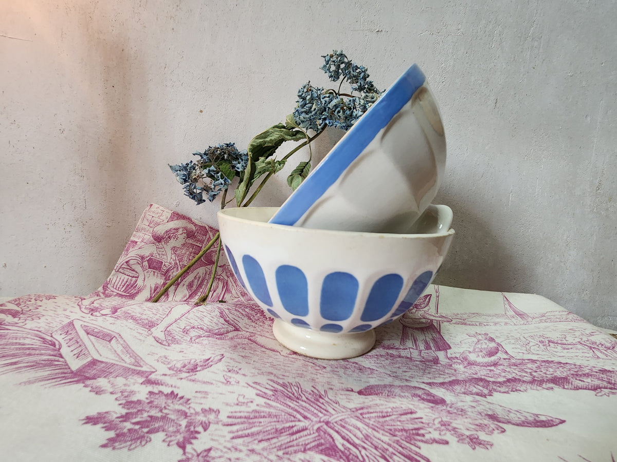 Vintage French 2x White & Blue Ironstone Breakfast Hot Chocolate Bowls