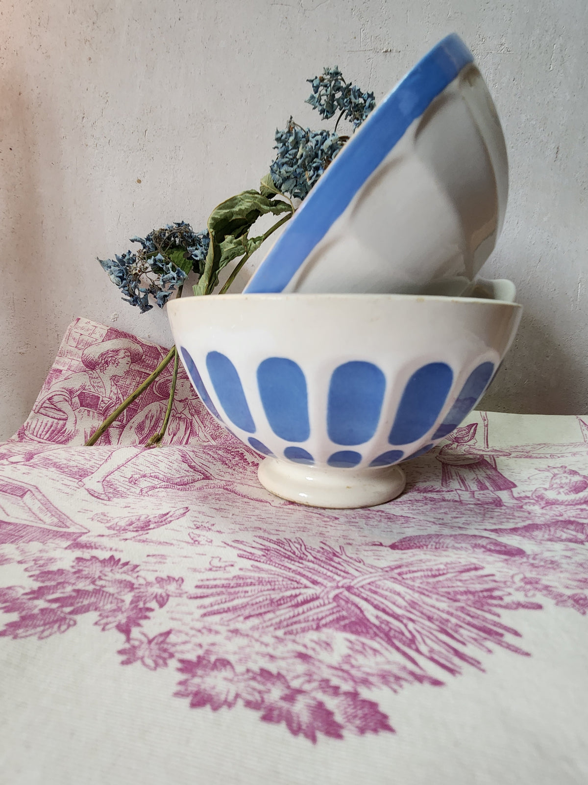 Vintage French 2x White & Blue Ironstone Breakfast Hot Chocolate Bowls