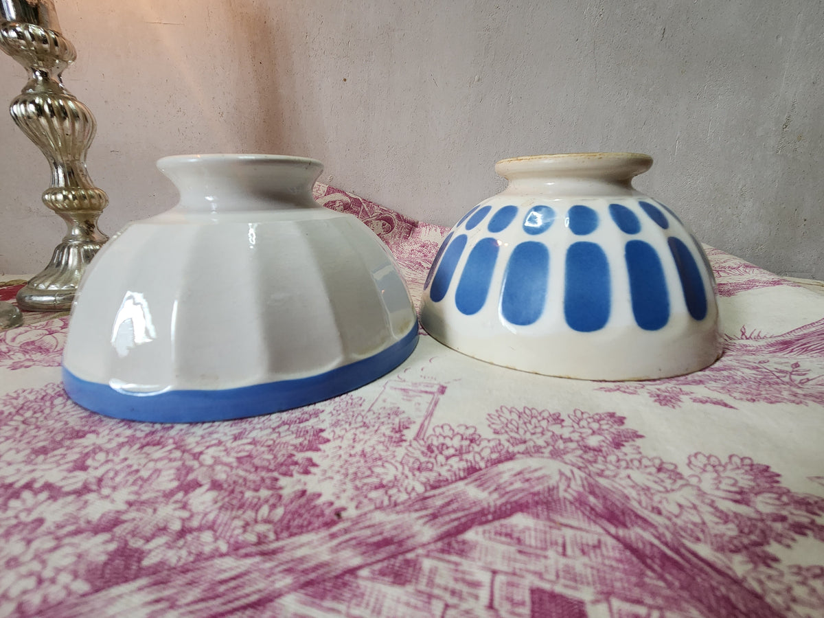 Vintage French 2x White & Blue Ironstone Breakfast Hot Chocolate Bowls