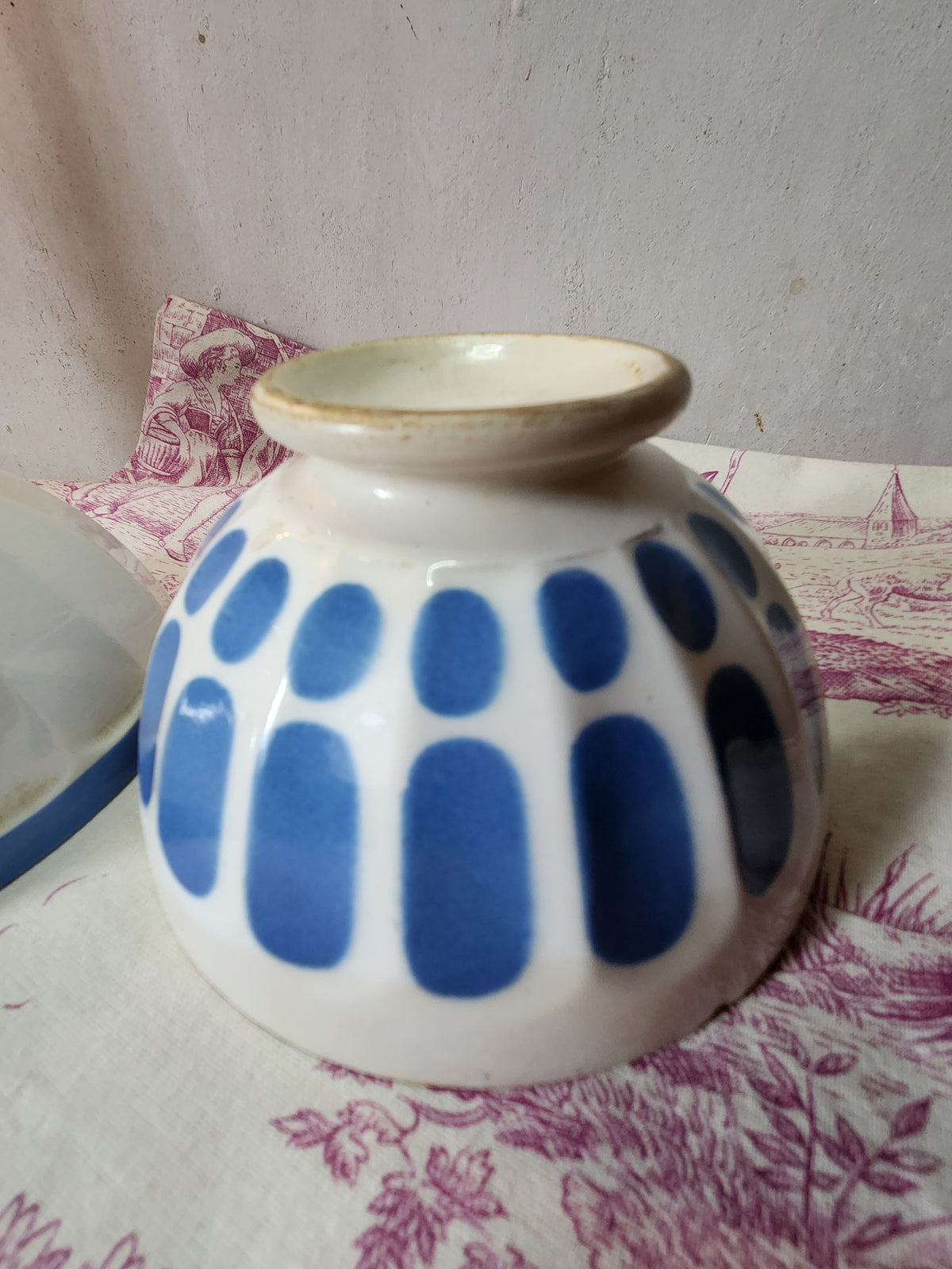 Vintage French 2x White & Blue Ironstone Breakfast Hot Chocolate Bowls