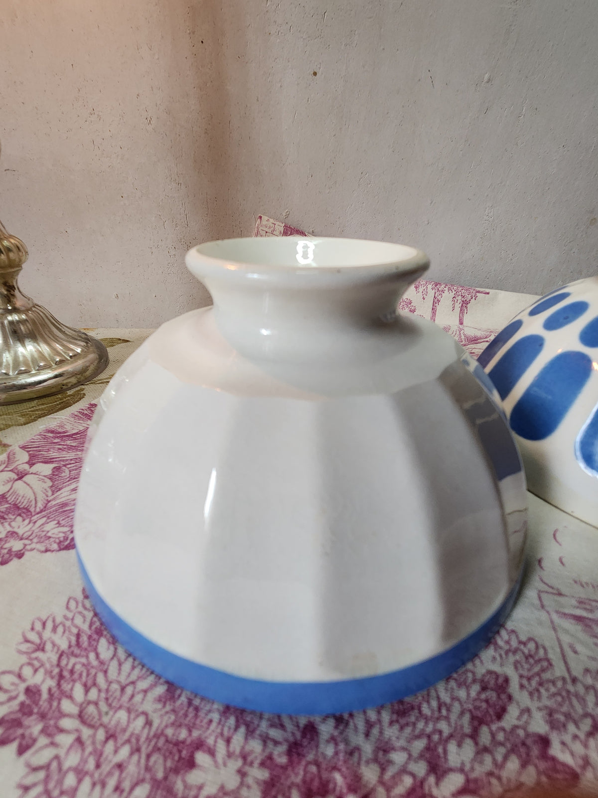 Vintage French 2x White & Blue Ironstone Breakfast Hot Chocolate Bowls