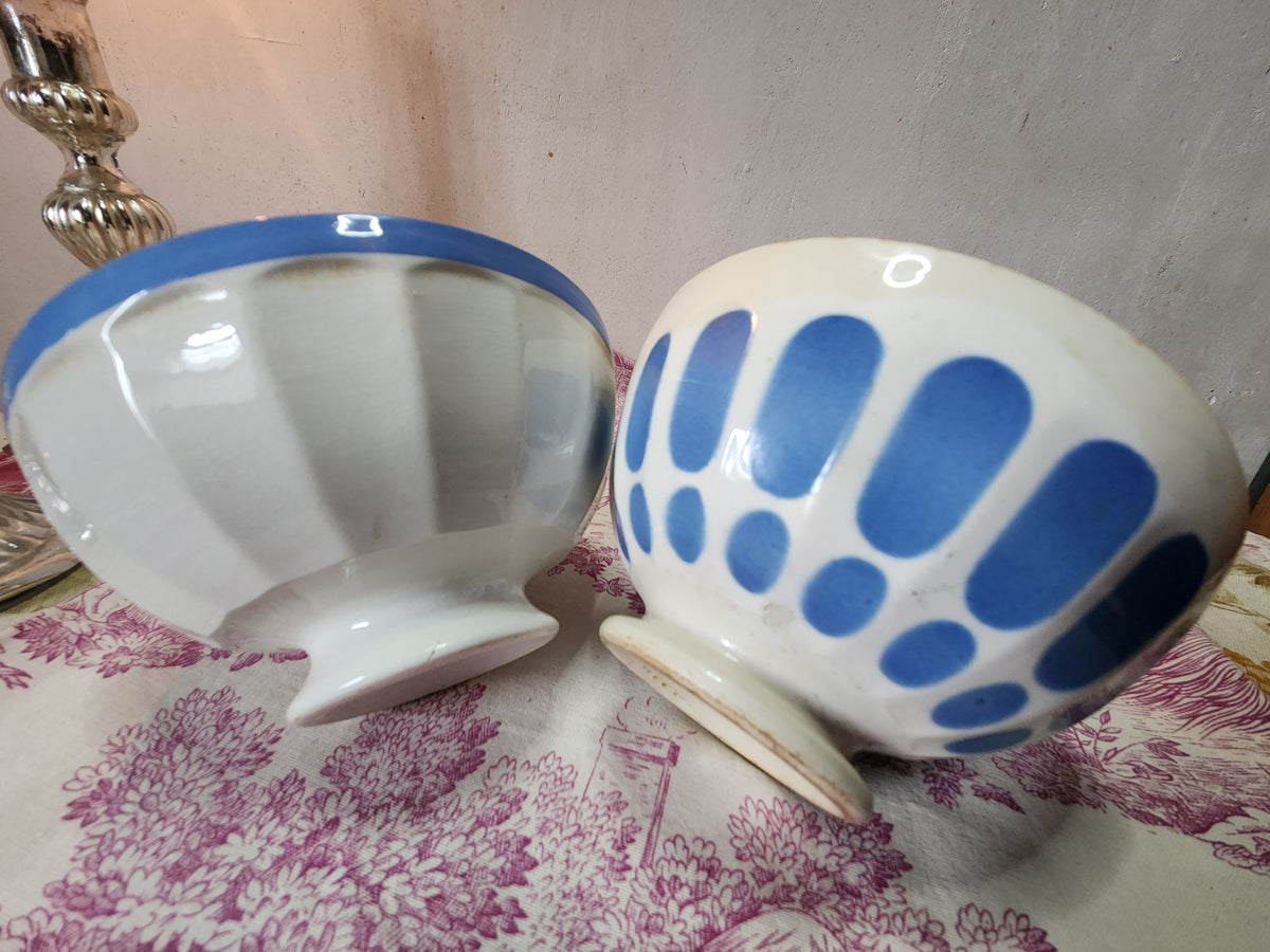 Vintage French 2x White & Blue Ironstone Breakfast Hot Chocolate Bowls
