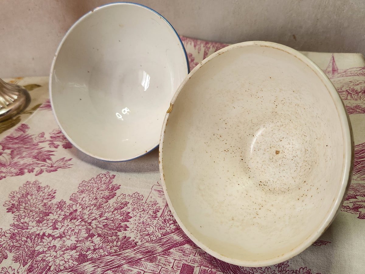 Vintage French 2x White & Blue Ironstone Breakfast Hot Chocolate Bowls