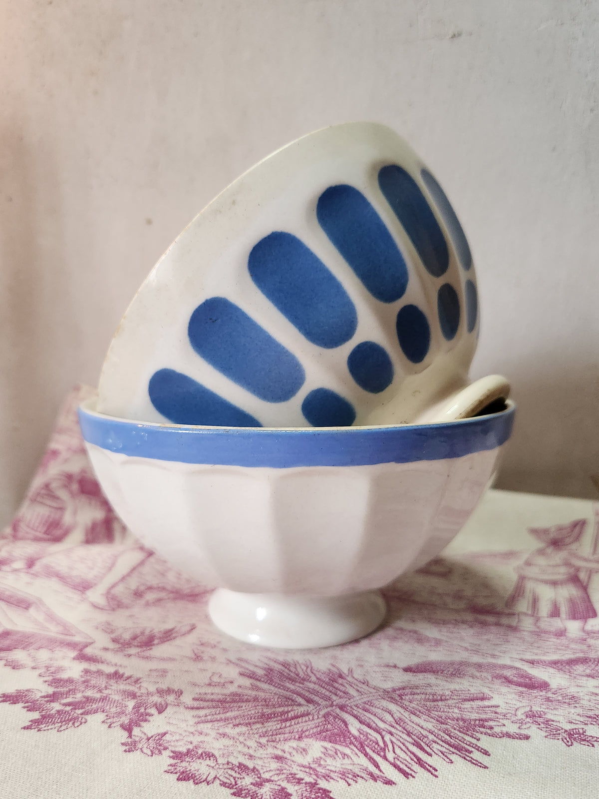 Vintage French 2x White & Blue Ironstone Breakfast Hot Chocolate Bowls