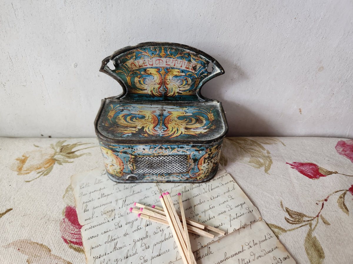 Antique French Tin Pyrogene Matches Holder For Wall Hanging