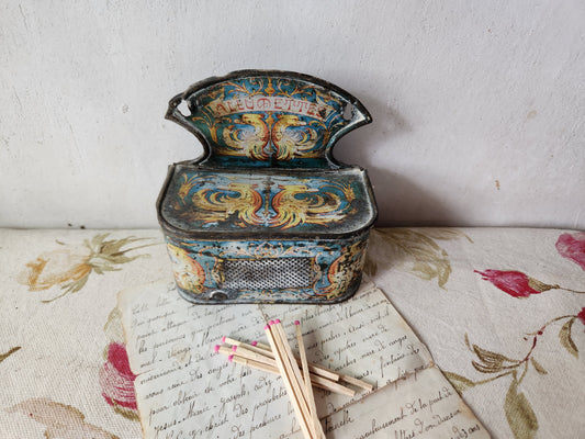Antique French Tin Pyrogene Matches Holder For Wall Hanging