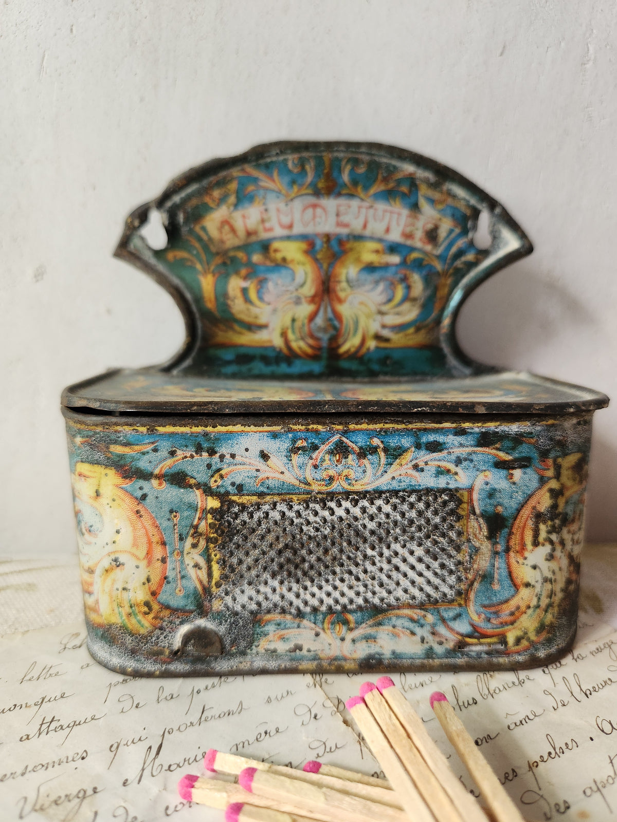 Antique French Tin Pyrogene Matches Holder For Wall Hanging