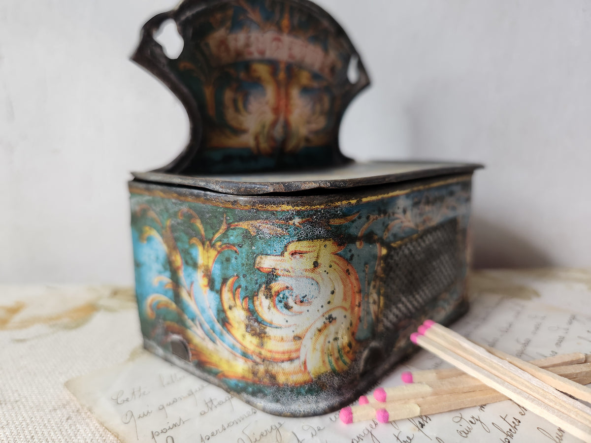 Antique French Tin Pyrogene Matches Holder For Wall Hanging