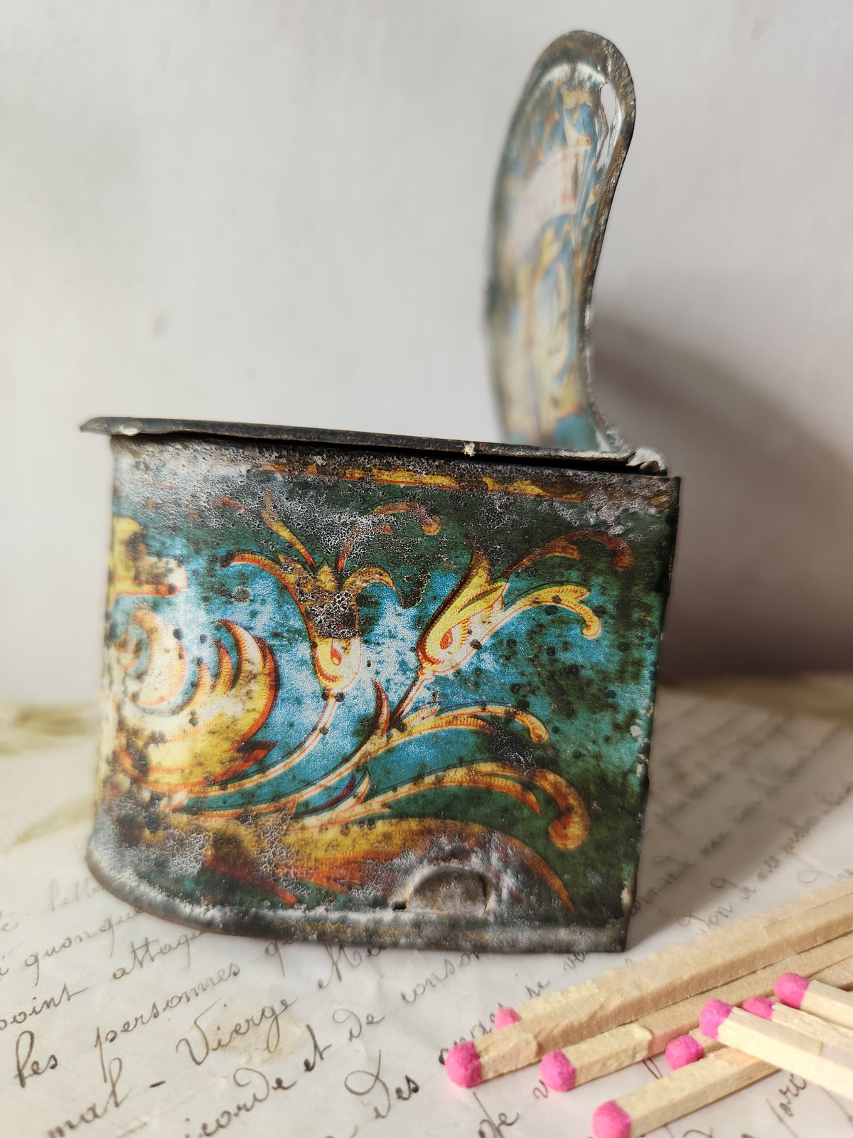 Antique French Tin Pyrogene Matches Holder For Wall Hanging