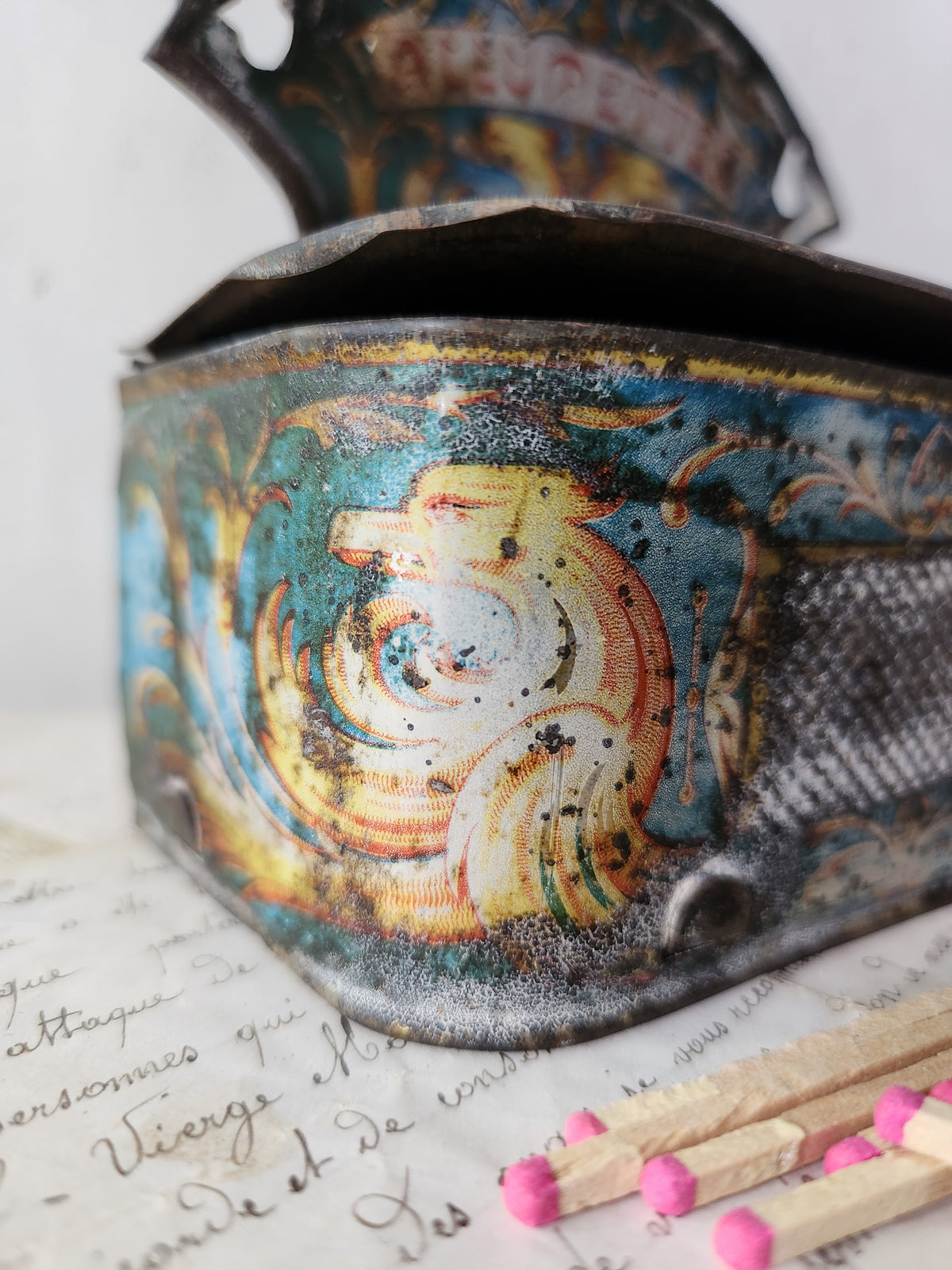 Antique French Tin Pyrogene Matches Holder For Wall Hanging