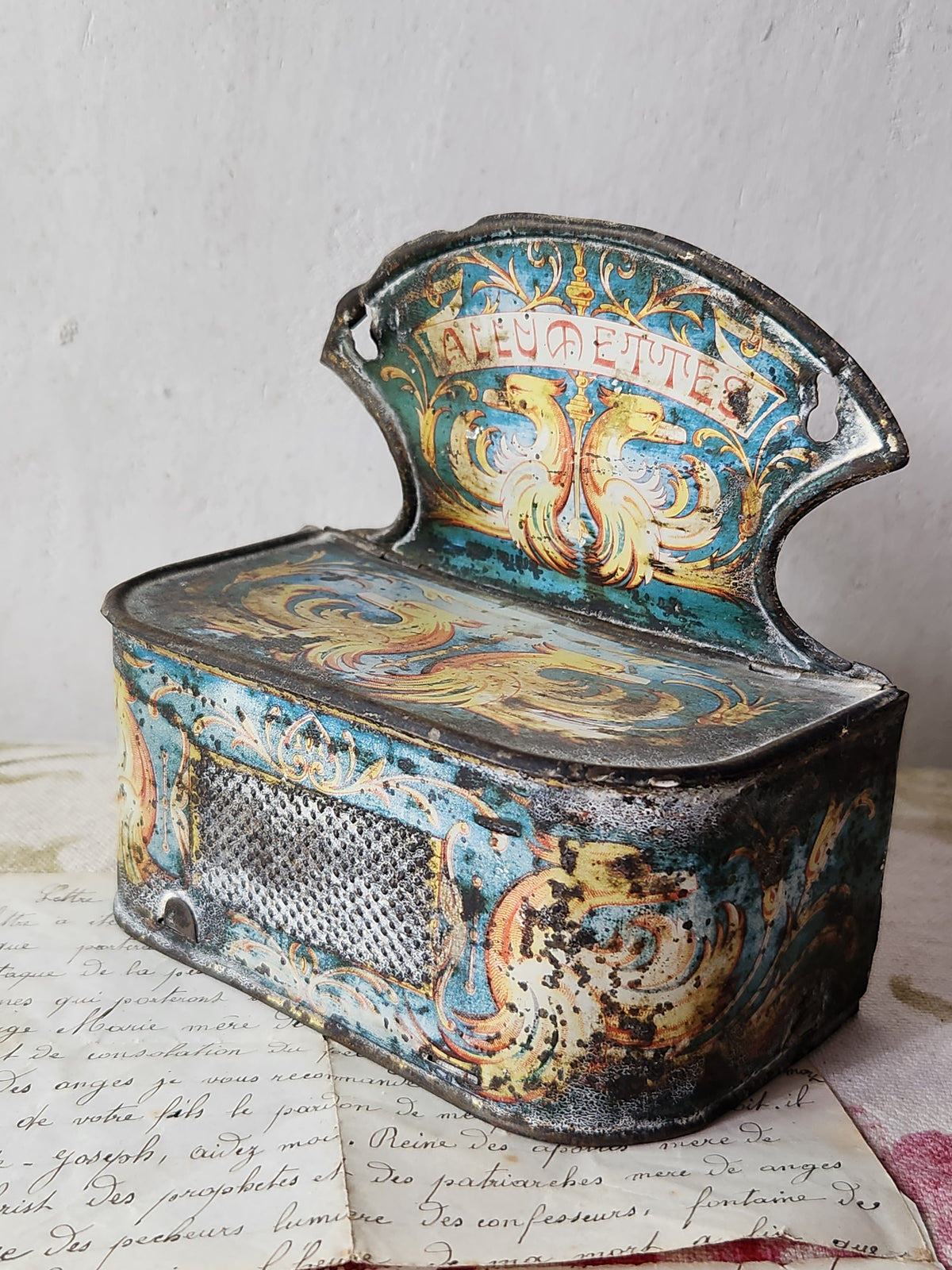Antique French Tin Pyrogene Matches Holder For Wall Hanging