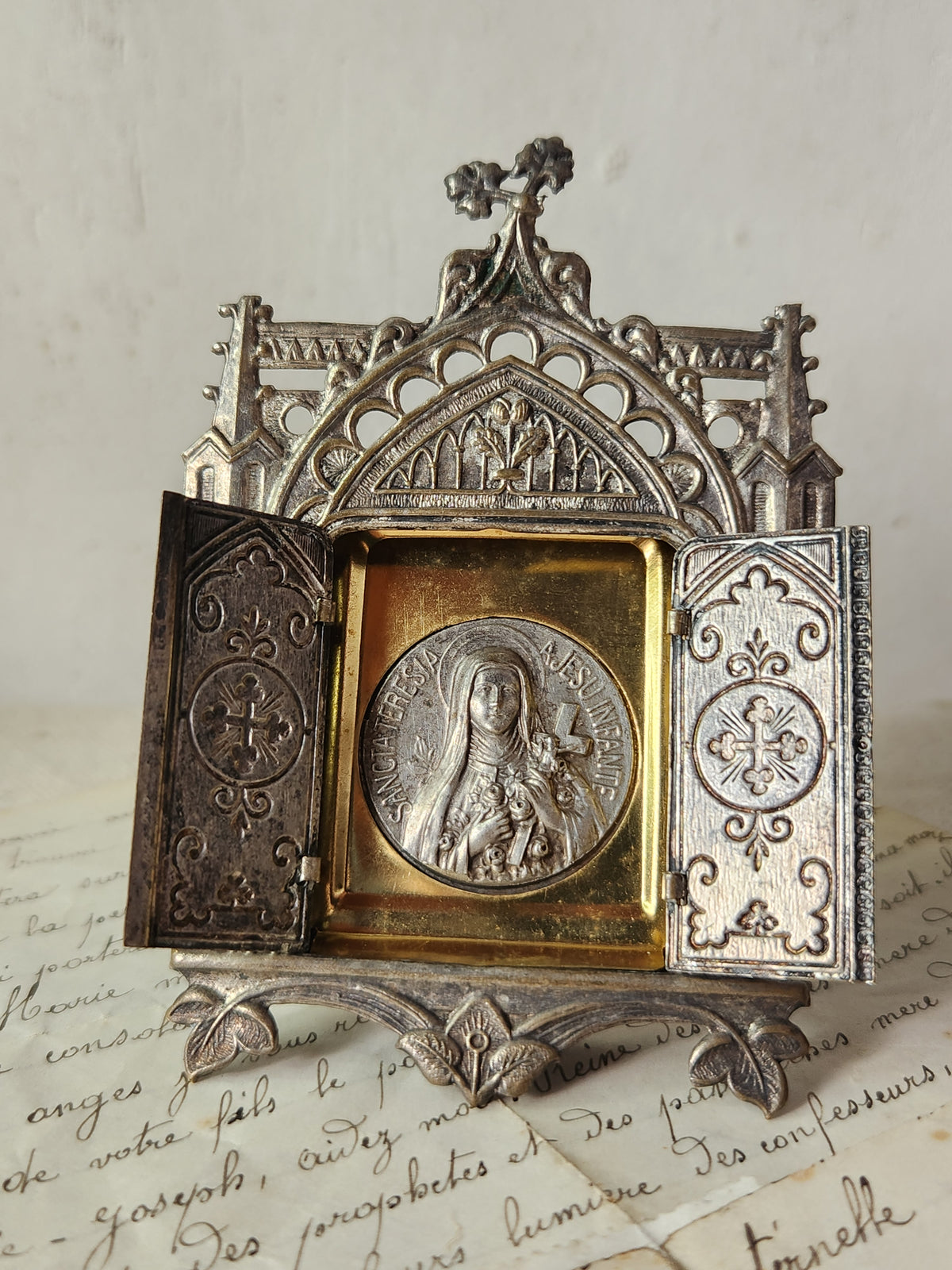 French 1920s St Therese Triptych Portable Pocket Shrine