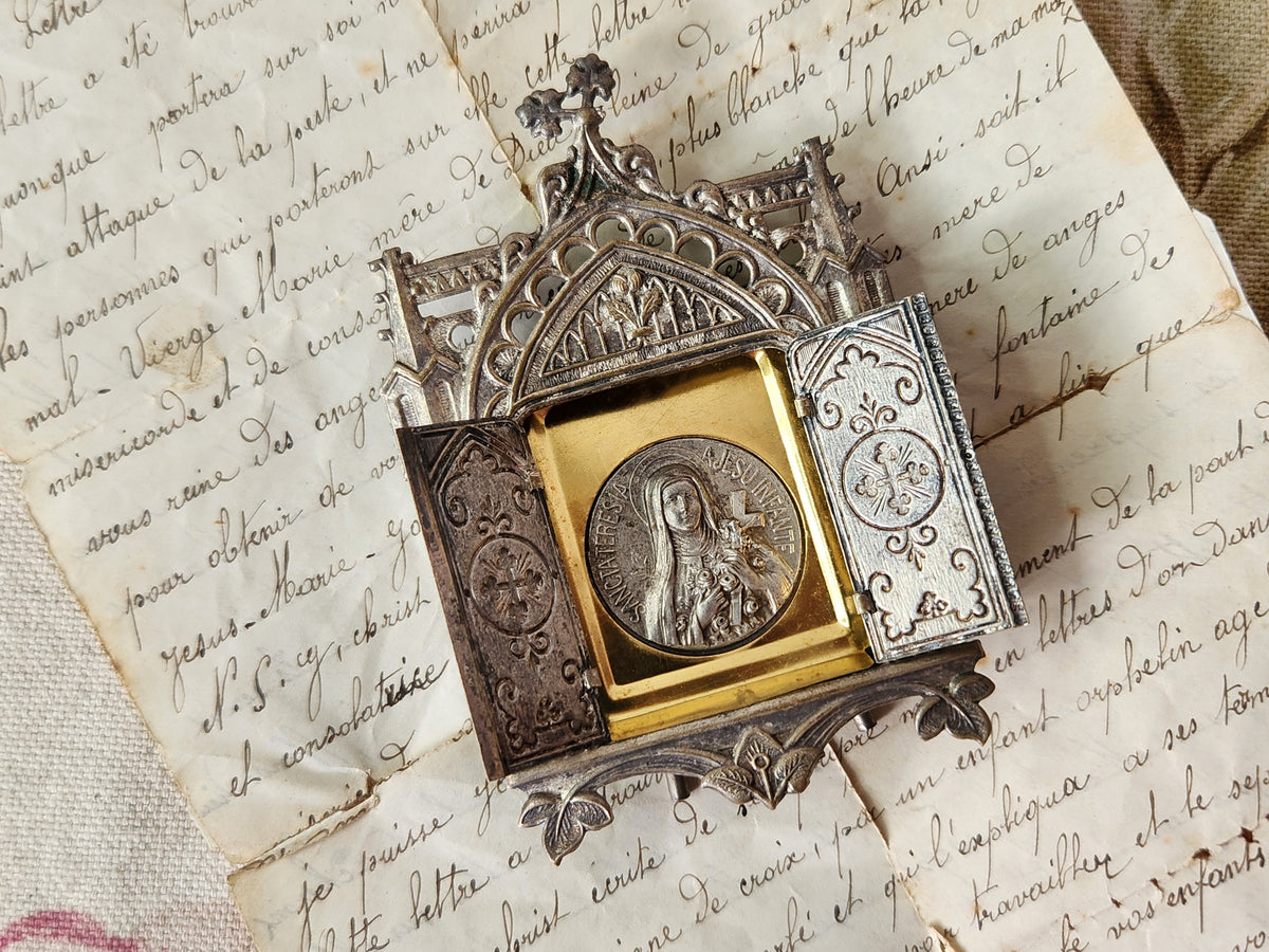 French 1920s St Therese Triptych Portable Pocket Shrine