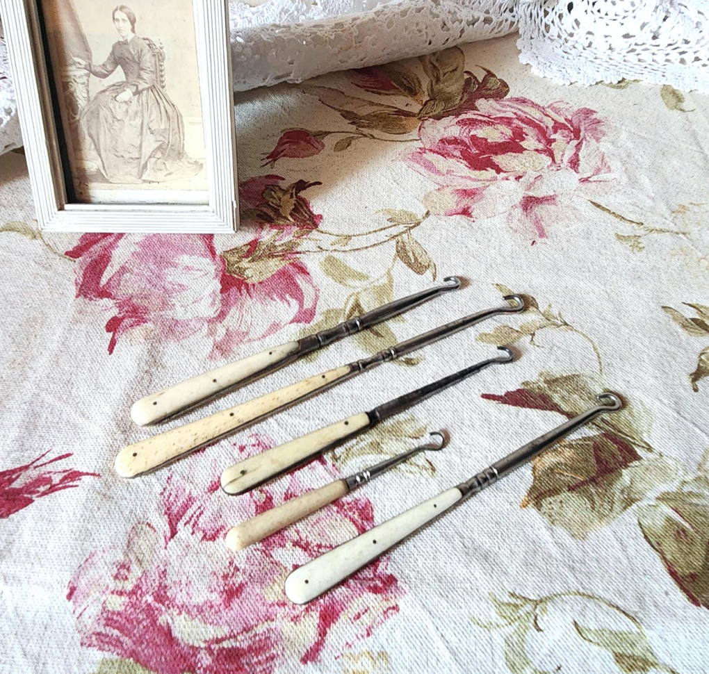 Antique French Set of 5 Horn Bone Handle Button Hooks