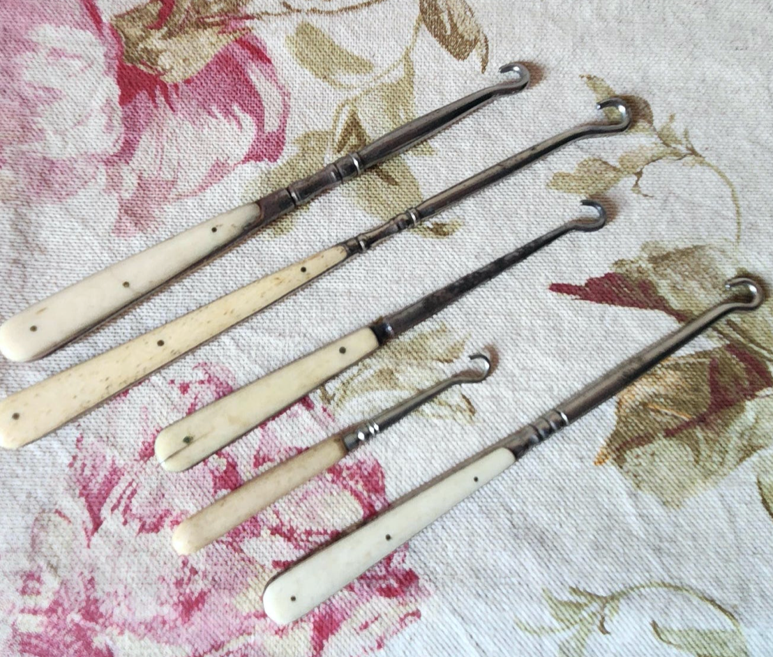 Antique French Set of 5 Horn Bone Handle Button Hooks