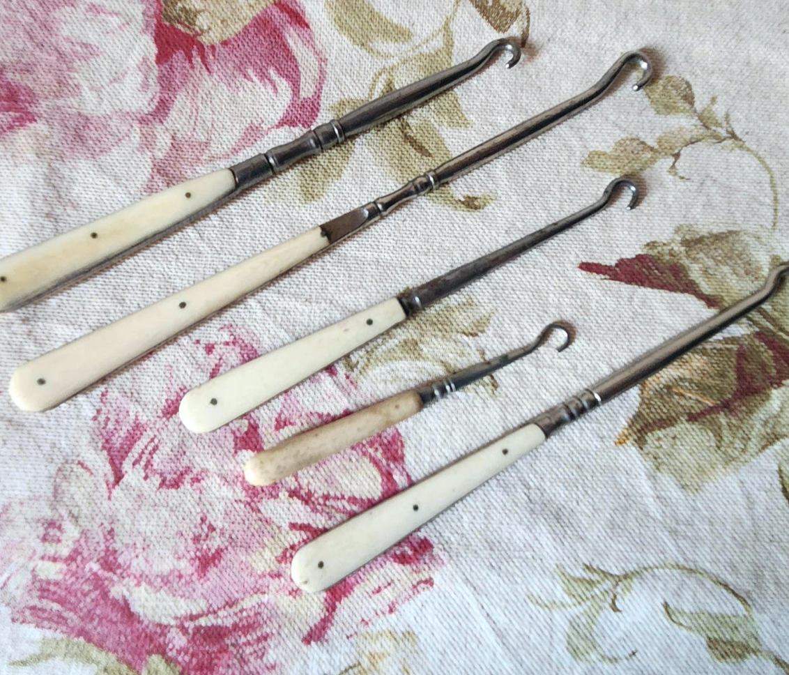 Antique French Set of 5 Horn Bone Handle Button Hooks