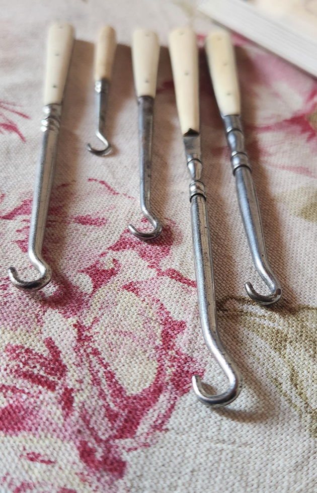 Antique French Set of 5 Horn Bone Handle Button Hooks