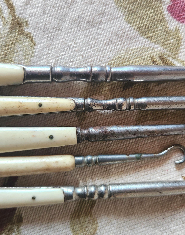 Antique French Set of 5 Horn Bone Handle Button Hooks