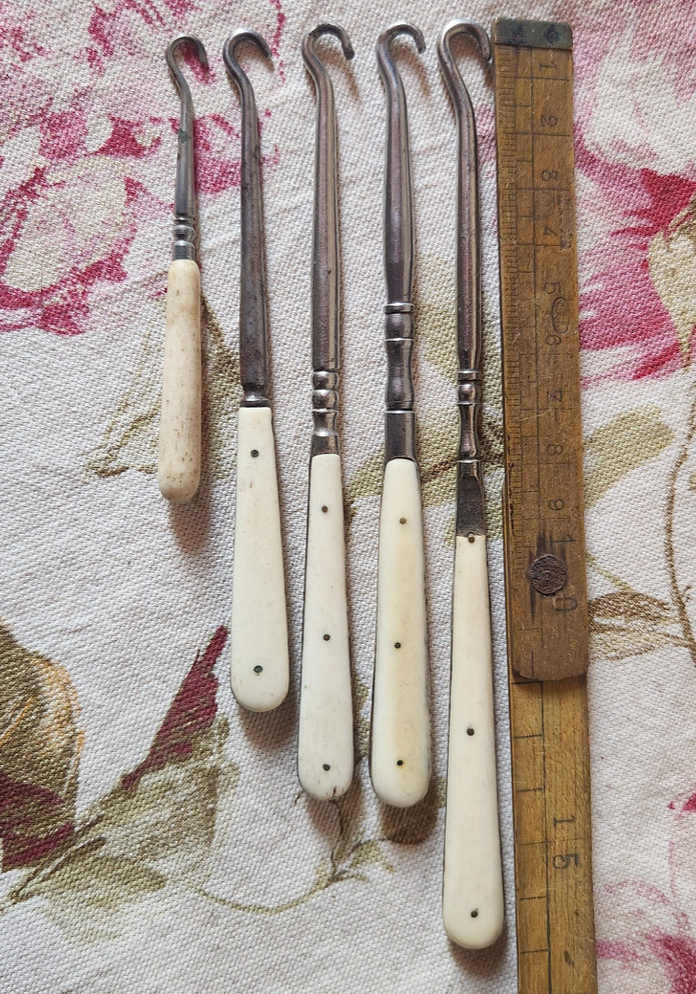 Antique French Set of 5 Horn Bone Handle Button Hooks