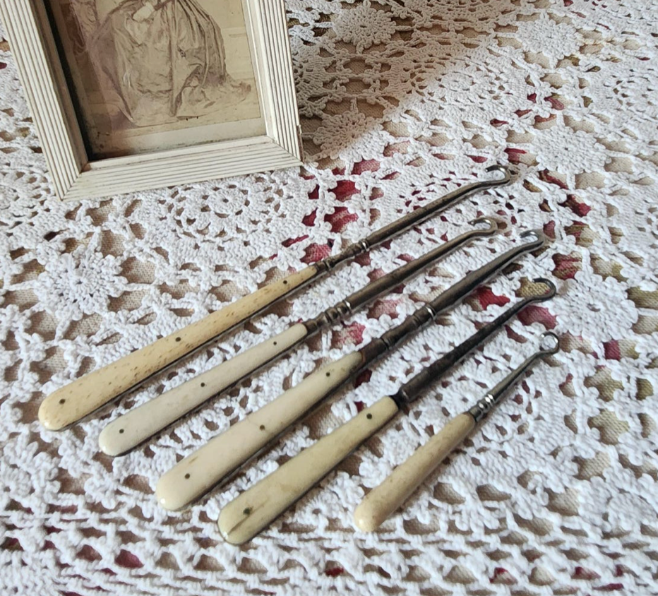 Antique French Set of 5 Horn Bone Handle Button Hooks