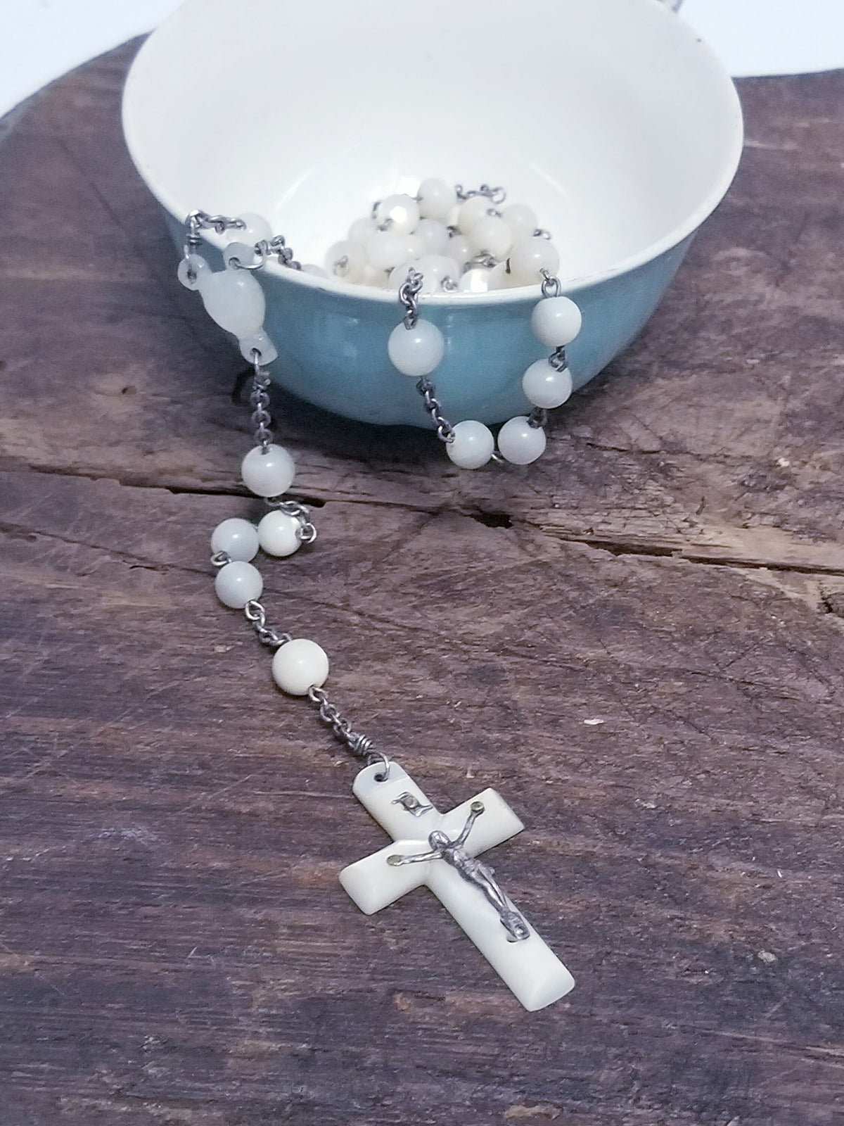 Vintage French Mother of Pearl Rosary, 1930s Chaplet