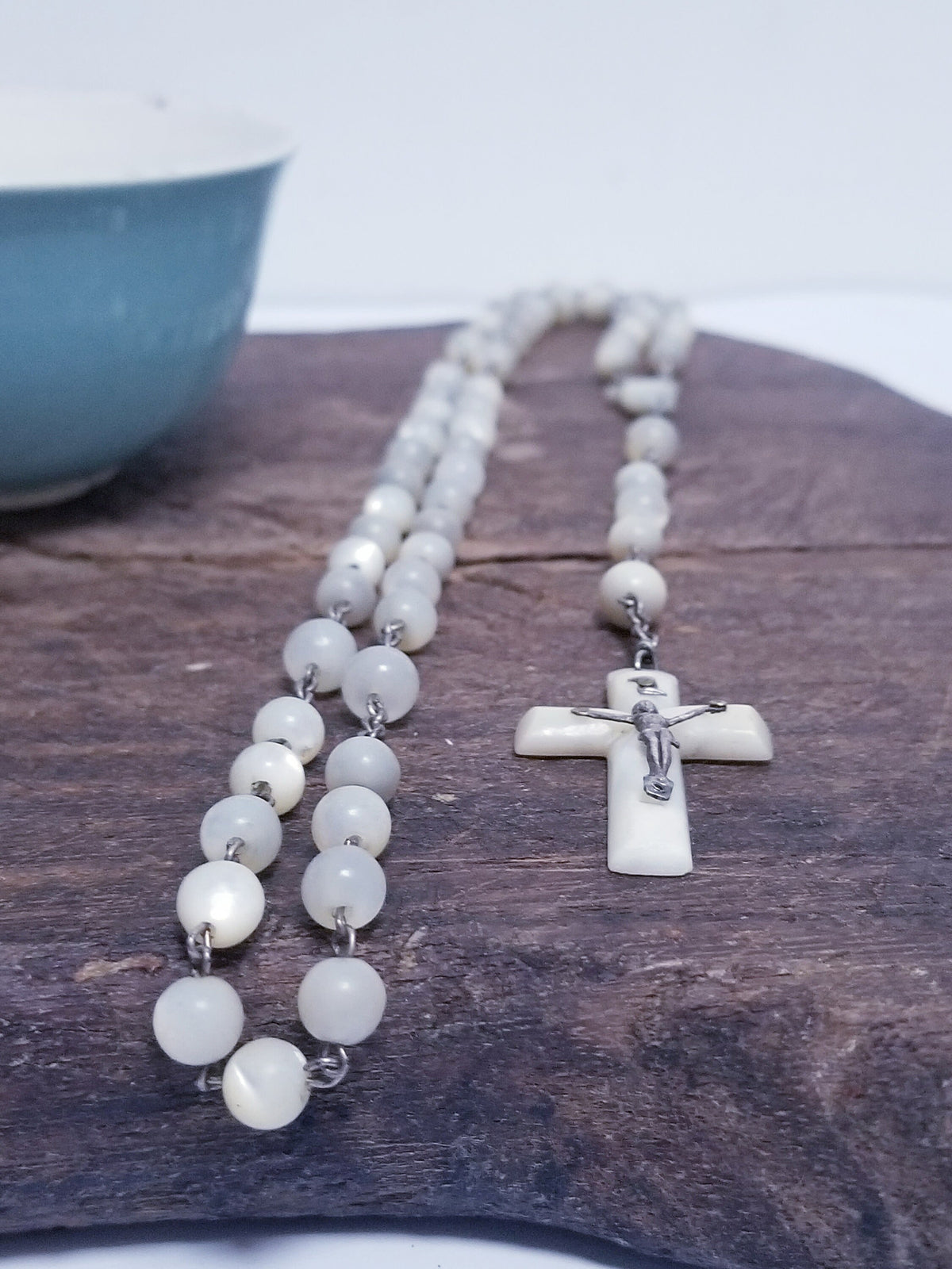 Vintage French Mother of Pearl Rosary, 1930s Chaplet
