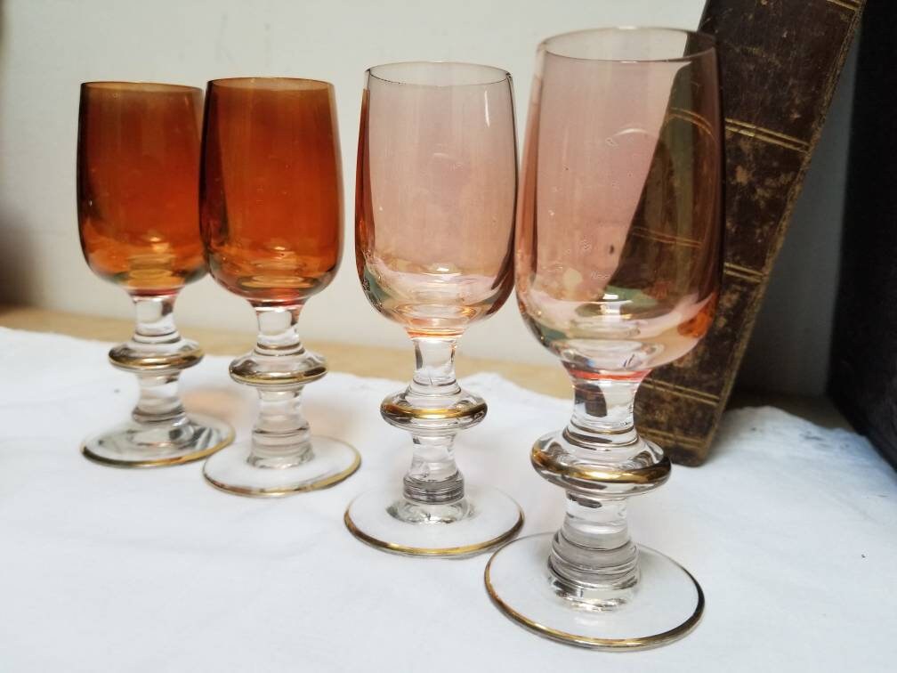 Vintage French Art Deco Liqueur Glasses: Multi-Colored Lustreware with Gold Rim