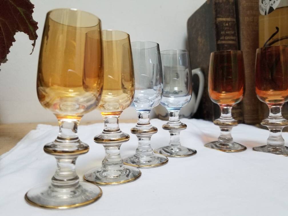 Vintage French Art Deco Liqueur Glasses: Multi-Colored Lustreware with Gold Rim