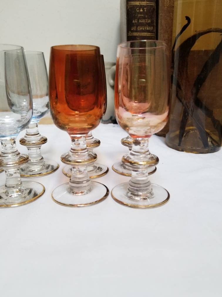 Vintage French Art Deco Liqueur Glasses: Multi-Colored Lustreware with Gold Rim