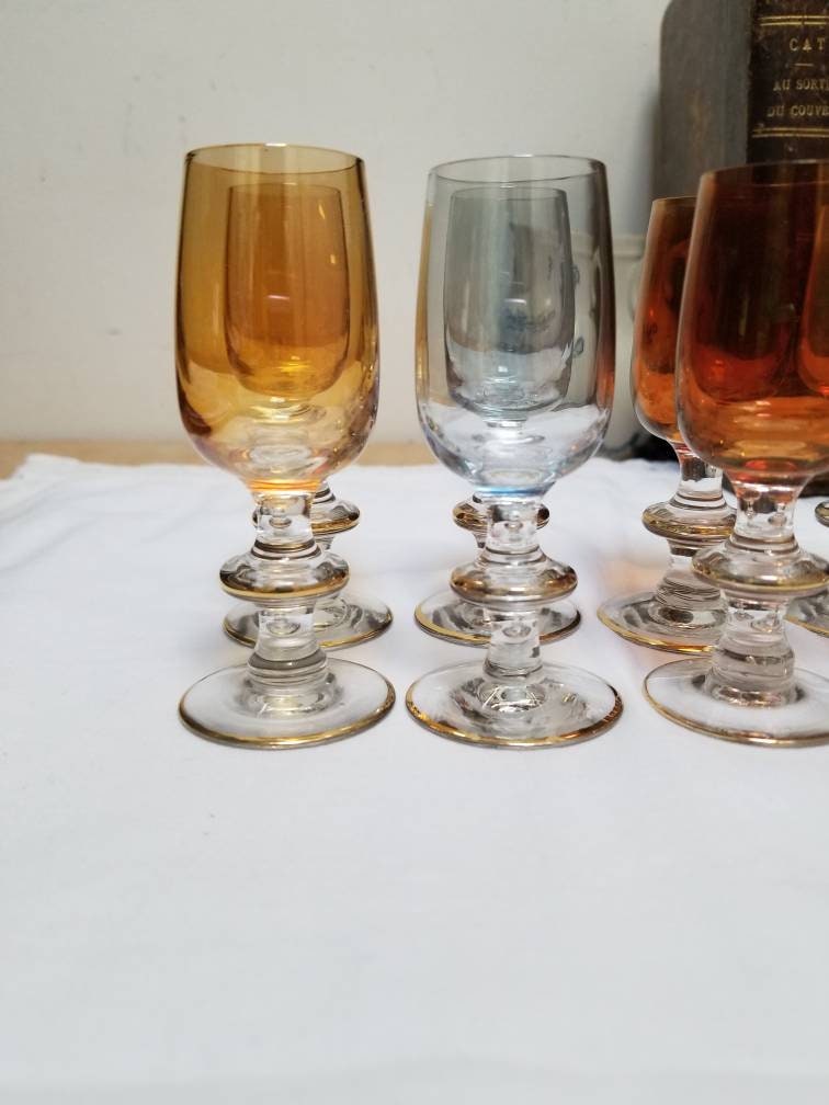 Vintage French Art Deco Liqueur Glasses: Multi-Colored Lustreware with Gold Rim
