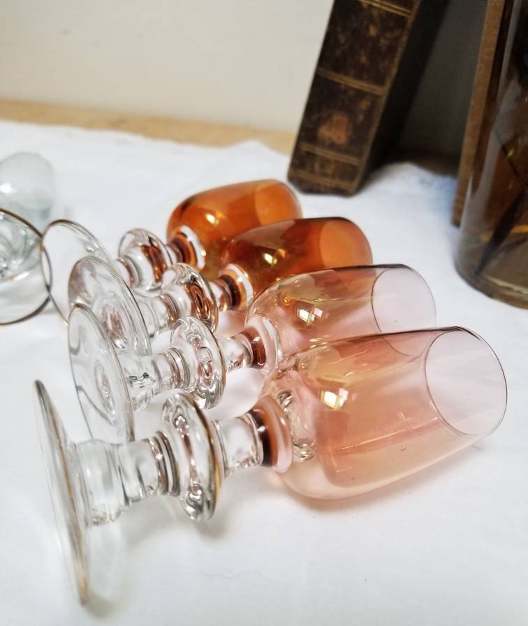 Vintage French Art Deco Liqueur Glasses: Multi-Colored Lustreware with Gold Rim